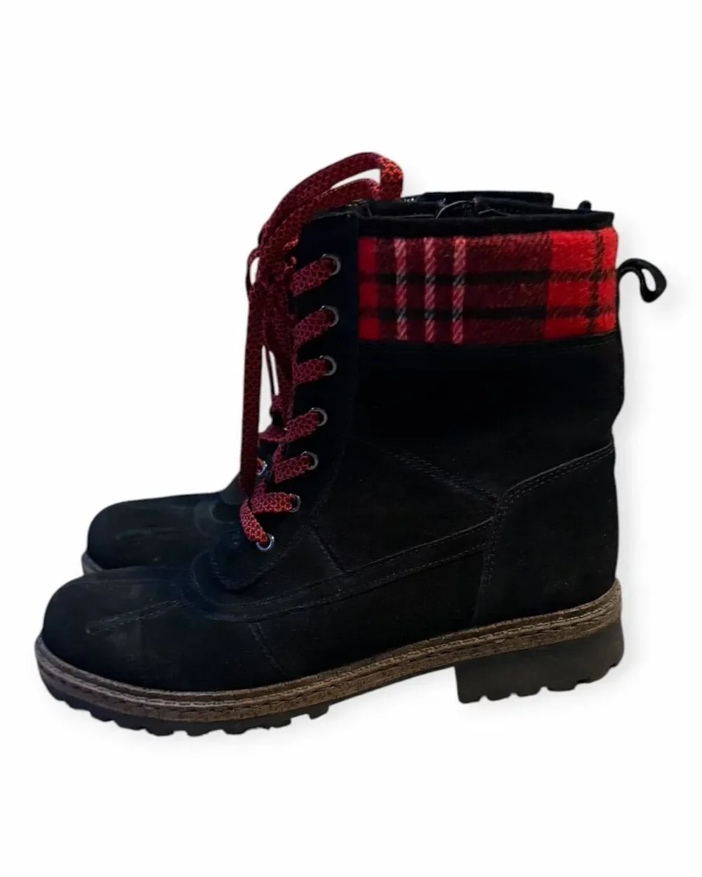 BLONDO Pyper Waterproof Black Suede Red Plaid Lace-Up Boots Women’s 7M